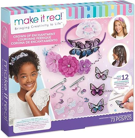 Make It Real: Crown of Enchantment - DIY Jewelry Kit, Create Up to 12 Eye-Catching Charm Hair Accessories, Butterflies, 73 Pieces, All-in- 1 DIY KIT, Tweens & Girls, Arts & Crafts, Kids Ages 8+