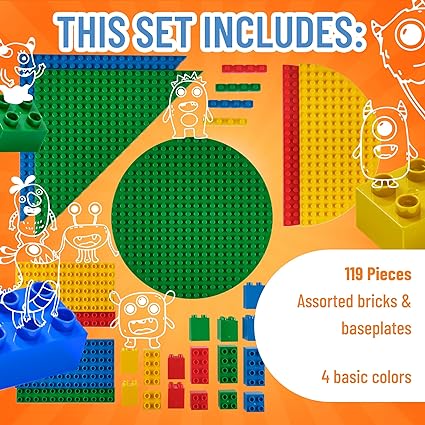 Strictly Briks Toy Building Blocks for Kids and Toddlers, Classic Big Bricks Set and Baseplates, Large Pegs for Ages 3 and Up, 100% Compatible with All Major Brands, Basic Colors, 119 Pieces