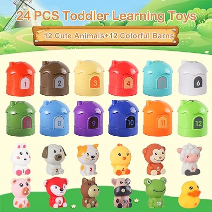 Learning Toys for Toddlers 1 2 3 Year Old, 24 Pcs Farm Animals Toy, Montessori Toys, Counting, Matching & Sorting Fine Motor Games, Christmas Birthday Easter Gift for Baby Boys Girls Age 12-18 Months