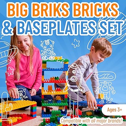 Strictly Briks Toy Building Blocks for Kids and Toddlers, Classic Big Bricks Set and Baseplates, Large Pegs for Ages 3 and Up, 100% Compatible with All Major Brands, Basic Colors, 119 Pieces