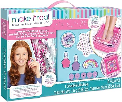 Make It Real: Pamper Yourself Spa Set - 9 pcs, Inflatable Sparkly Foot Bath & Accessories, Nail Polish & Art, Tweens, Girls & Kids Ages 8+