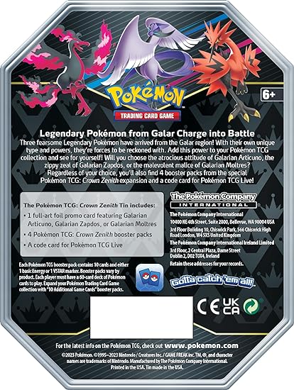 Pokemon TCG: Crown Zenith Tin – Galarian Articuno (1 Foil Card & 5 Booster Packs)