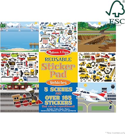 Melissa & Doug Reusable Sticker Pad: Vehicles-165+ Reusable Stickers | Melissa & Doug Kids Reusable Sticker Pad: 165+ Trucks,Trains,Planes,Cars &Construction Vehicle Reusable Stickers For Kids Ages 3+