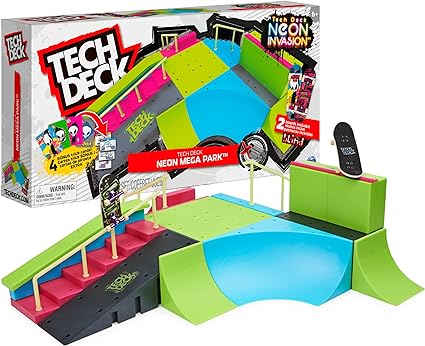 Tech Deck, Neon Mega Park X-Connect Creator, Customizable Glow-in-The-Dark Ramp Set with 2 Blind Skateboard Fingerboards, 90+ Pieces, Gift for Ages 6+