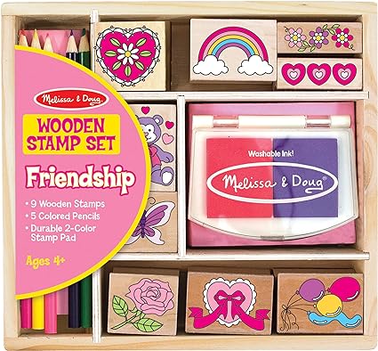 Melissa & Doug Wooden Stamp Set: Friendship - 9 Stamps, 5 Colored Pencils, and 2-Color Pad Kids Art Projects, Stamps With Washable Ink, Hearts Rainbows For Ages 4+