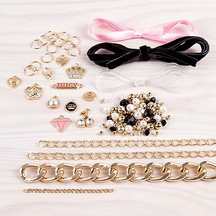 Make It Real - Juicy Couture Mini Chains and Charms - DIY Charm Bracelet Making Kit - Friendship Bracelet Kit with Charms, Beads & Cords - Arts & Crafts Bead Kit for Girls - Make 5 Bracelets