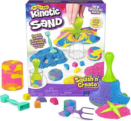 Kinetic Sand, Squish N’ Create Playset, with 13.5oz of Blue, Yellow, and Pink Play Sand, 5 Tools, Sensory Toys for Kids Ages 3 and Up