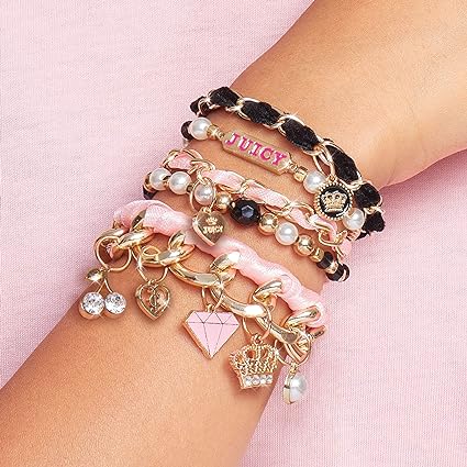 Make It Real - Juicy Couture Mini Chains and Charms - DIY Charm Bracelet Making Kit - Friendship Bracelet Kit with Charms, Beads & Cords - Arts & Crafts Bead Kit for Girls - Make 5 Bracelets