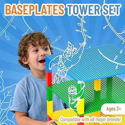 Strictly Briks Toy Building Block - Classic Stackable Baseplates 10x10 Inch Brik Tower for Baby, 4 Baseplates & 30 Stackers - Blue, Green, Red & Yellow, 34 Pc