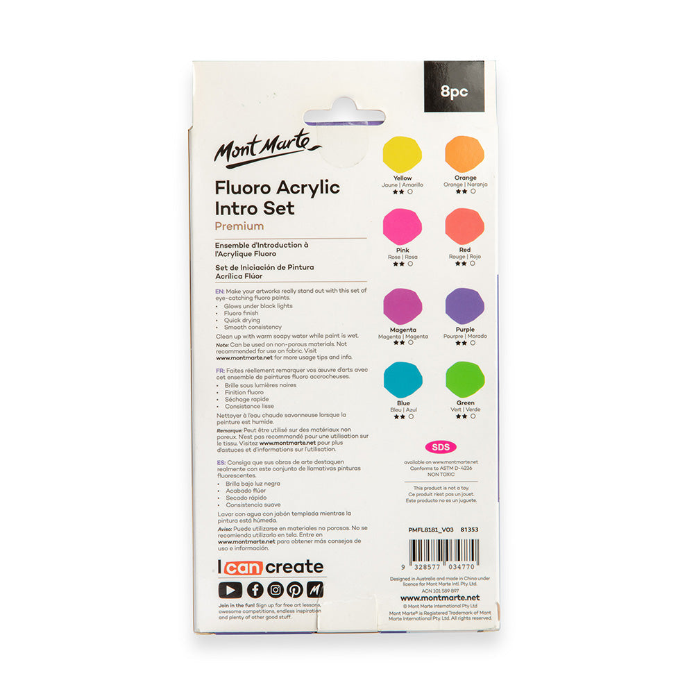 Mont Marte Fluoro Acrylic Paint Intro Set Premium 8Pc X 18Ml 0 6 Us Fl Oz