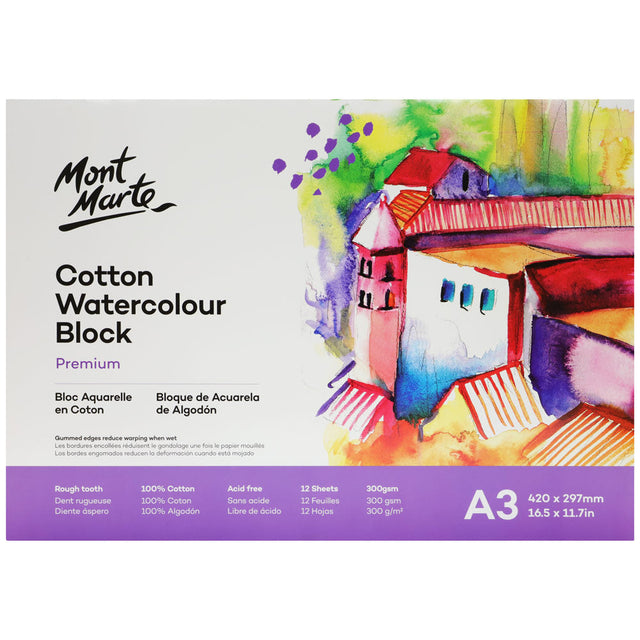 Mont Marte Cotton Watercolour Paper Block Premium 300Gsm A3 (16.5 X 11.7In) 12 Sheet
