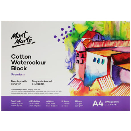 Mont Marte Cotton Watercolour Paper Block Premium 300Gsm A4 (11.7 X 8.3In) 12 Sheet