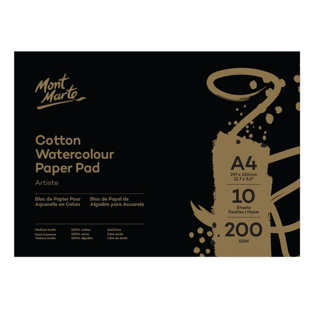 Mont Marte Cotton Watercolour Paper Artiste 200Gsm A4 (11.7 X 8.3In) 10 Sheets
