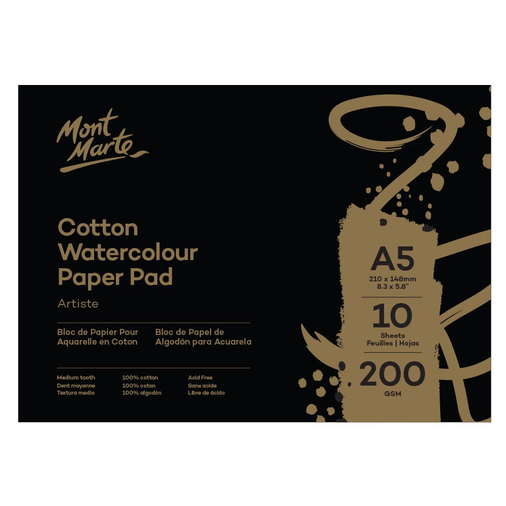 Mont Marte Cotton Watercolour Paper Artiste 200 gsm A5 (8.3 X 5.8In) 10 Sheets