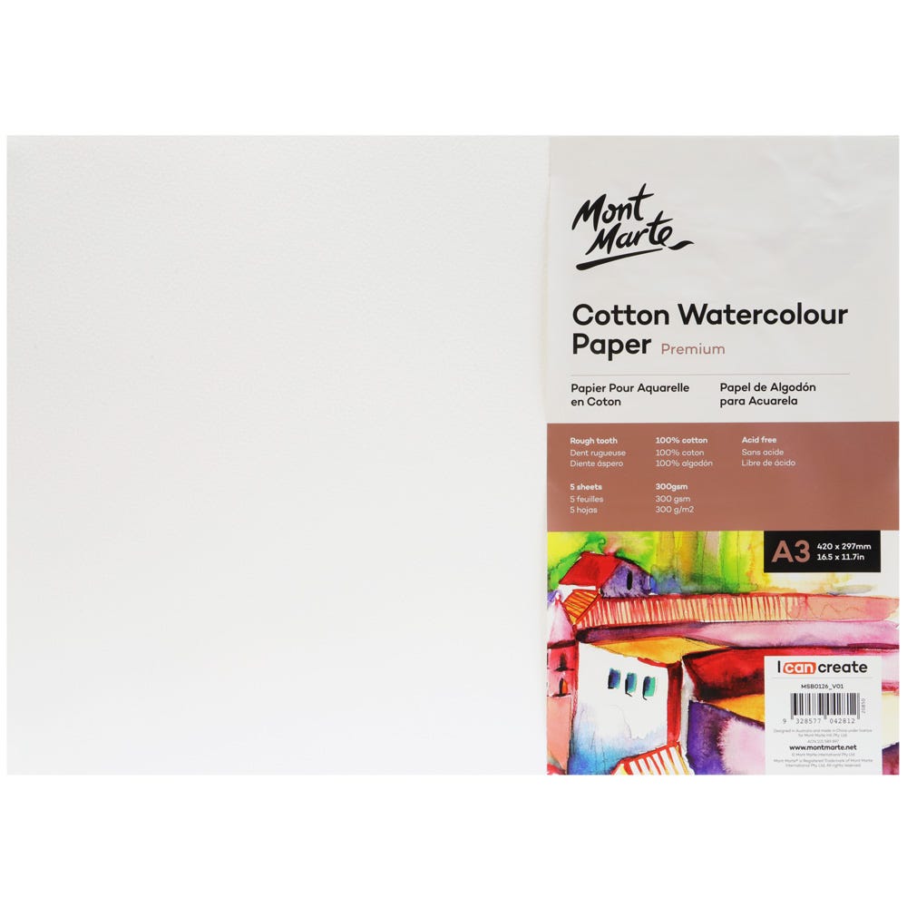 Mont Marte Cotton Watercolour Paper Premium 300Gsm A3 5 Sheets