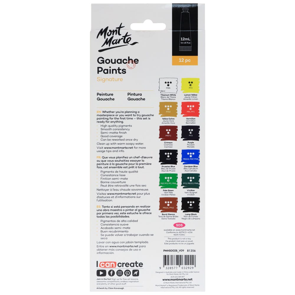 Mont Marte Gouache Paints Set Signature 12Pc X 12Ml 0 4 Us Fl Oz