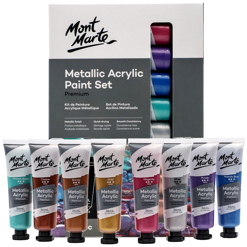 Mont Marte Metallic Acrylic Paint Set Premium 8Pc X 36Ml (1.2 Us Fl.Oz)
