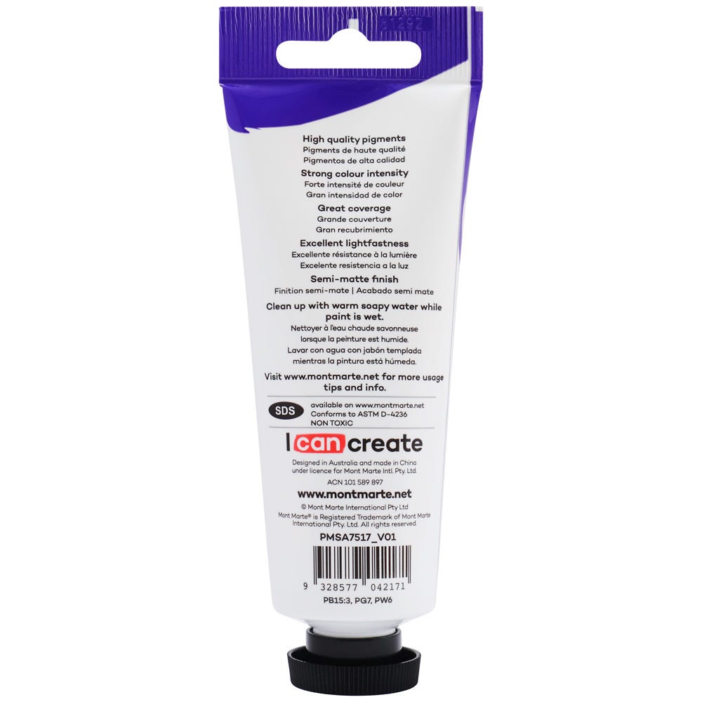Mont Marte Satin Acrylic Paint Premium 75Ml 2 5 Us Fl Oz Tube Cerulean Blue