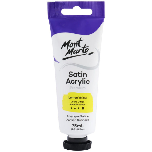Mont Marte Satin Acrylic Paint Premium 75Ml (2.5 Us Fl.Oz) Tube - Lemon Yellow
