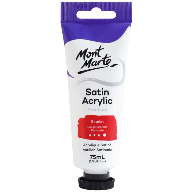 Mont Marte Satin Acrylic Paint Premium 75Ml (2.5 Us Fl.Oz) Tube - Scarlet