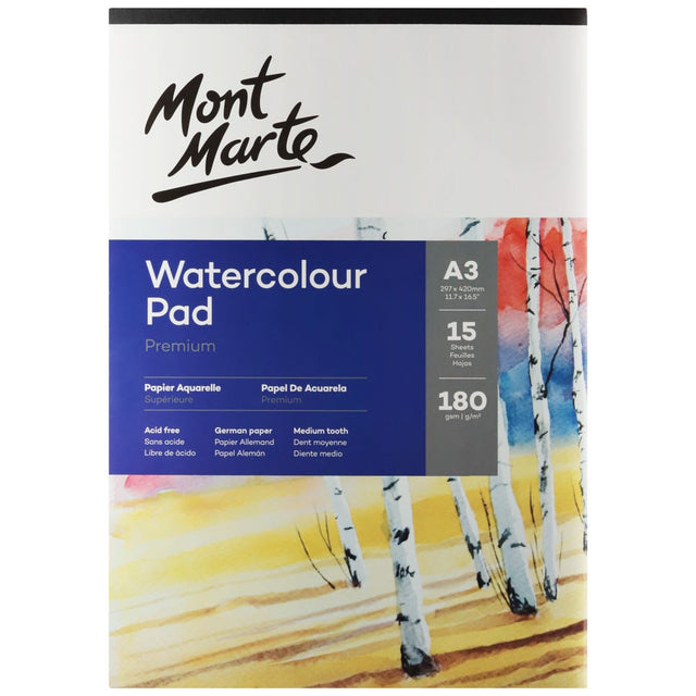 Mont Marte Watercolour Pad German Paper Premium A3 180Gsm 15 Sheet