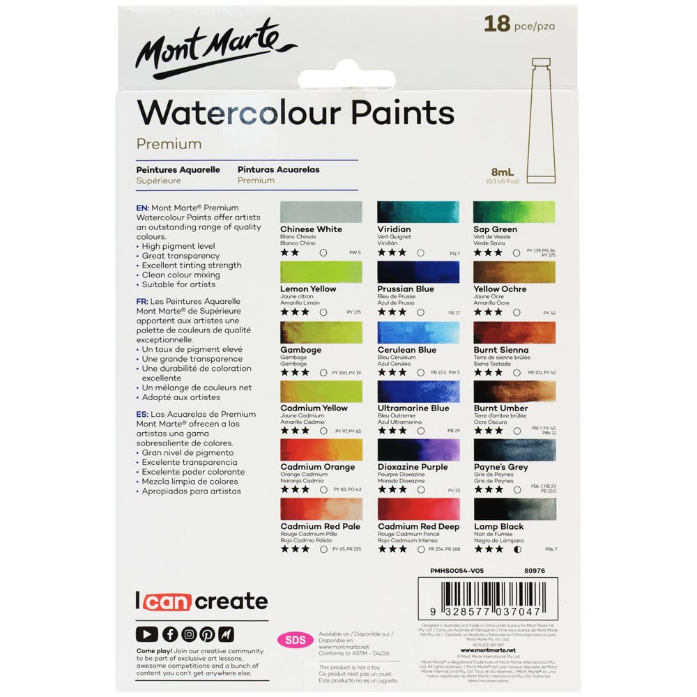 Mont Marte Watercolour Paints Premium 18Pc X 8Ml 0 3 Us Fl Oz